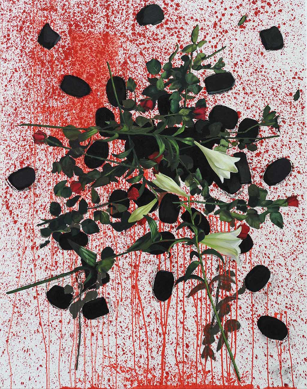 painting of coal blood and flowers by Michel Schneider